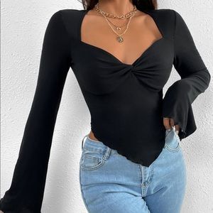 Trumpet Sleeve Lettuce Trim Twist Hanky Hem Crop Tee